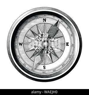 Incisione antica immagine della bussola vintage in bianco e nero di clipart isolati su sfondo bianco,bussola di marcia e modo di mare Illustrazione Vettoriale