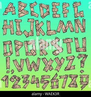 Schizzo di legno vecchio font. Legno Handdrawn digitare lettere e numeri. Illustrazione Vettoriale. Illustrazione Vettoriale