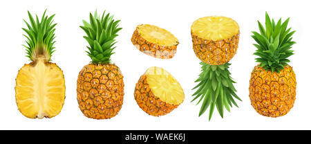 Intero e fette di ananas isolati su sfondo bianco Foto Stock