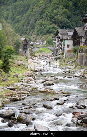 Il fiume Sesia in Rassa, Piemonte, Italia. Colpo verticale. Foto Stock