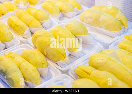 Durian monthong con delizioso giallo dorato soft carne confezionata per la vendita. Durian re della frutta, tailandese più famoso di frutta. Foto Stock