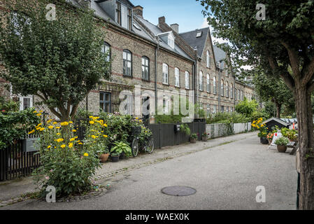 La patata righe, vecchio alloggiamento per la gente che lavora a Copenhagen, in Danimarca, 16 agosto 2019 Foto Stock