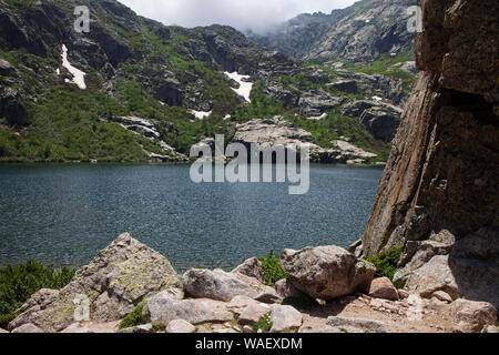 Lac de Melu nella alta valle del Restonica, Parco Naturale Regionale della Corsica, Francia, Luglio 2018 Foto Stock