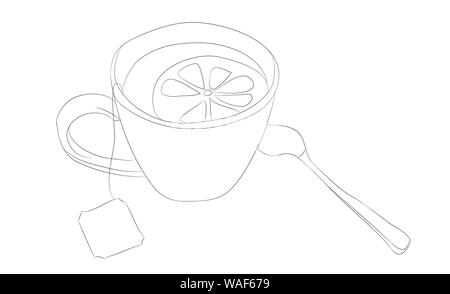 Tazza di tè con linee di disegno, vettore, sfondo bianco Illustrazione Vettoriale