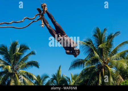 Uomo che salta da una torre di bambù, Pentecoste terra immersioni subacquee, Pentecoste, Vanuatu Foto Stock