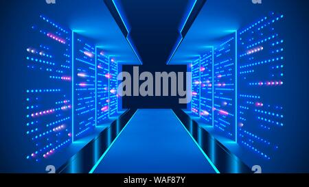 Centro dati sfondo astratto. interno della sala server. Le informazioni digitali di magazzino. Web hosting tecnologia. Rack per computer nel database Illustrazione Vettoriale