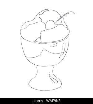Il gelato in una coppa di cialda, linee vettoriali, sfondo bianco Illustrazione Vettoriale