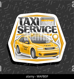 Il logo del vettore per il servizio taxi, bianco monogramma decorativo con cartoon permanente berlina e telefono cellulare, originali scritte per parole servizio taxi, innovazione Illustrazione Vettoriale