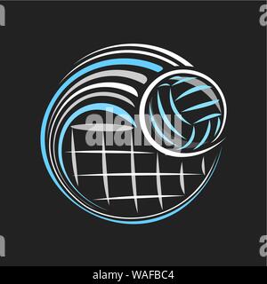 Il logo del vettore per la pallavolo, monogramma decorativo con volley ballo battenti sulla traiettoria in obiettivo al di sopra di net su sfondo scuro, sport chalk schizzo su bl Illustrazione Vettoriale
