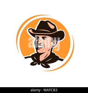 Cowboy americano in un cappello. Immagine vettoriale con logo o emblema Illustrazione Vettoriale