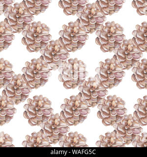 Pino cono motivo senza cuciture sfondo acquerello. Illustrazione disegnata a mano. Clip art grigio colorato su sfondo bianco Foto Stock