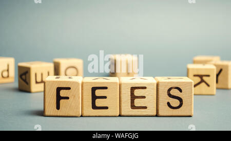 Blocchi di legno con la parola tasse e diffusa in maniera casuale i cubi. Prezzo fisso addebitato per un servizio specifico. Affari e finanza concetto. I costi, carica Foto Stock