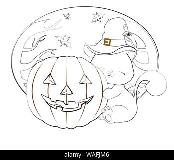 Halloween bel gatto, gattino, in la strega con cappello di un ragno, abbraccia la zucca, il libro da colorare Illustrazione Vettoriale