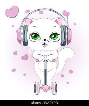 Bella carino gattino bianco, il gatto in un ambiente di cuori, su sfondo bianco con gli auricolari, sullo scooter Illustrazione Vettoriale