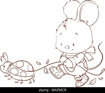 Carino il mouse nella pagina di colorazione. Caduta delineato clipart. Foto Stock