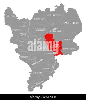 South Kesteven evidenziata in rosso nella mappa di East Midlands England Regno Unito Foto Stock