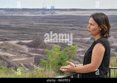 20 agosto 2019, Brandeburgo, Welzow: Annalena Baerbock, Presidente federale Bündnis 90/Die Grünen, sorge in un punto panoramico e guarda alla lignite Welzow-Süd miniera a cielo aperto di Lausitz Energie Bergbau AG (LEAG). Lo stesso giorno il candidato ha informato se stessa circa la fossa aperta miniera di lignite e circa il piano di istituire uno spazio europeo di lotta antincendio squadrone per l'Europa del nord all'aviosuperficie Welzow. Su 01.09.2019 è in stato di Brandeburgo elezione. Foto: Patrick Pleul/dpa-Zentralbild/ZB Foto Stock