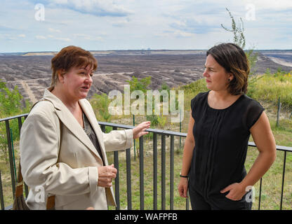 20 agosto 2019, Brandeburgo, Welzow: Annalena Baerbock (r), il Presidente Federale Bündnis 90/Die Grünen, parla alla Signora Hannelore Wodtke, consigliere comunale per il futuro verde di Welzow ed ex membro della commissione di carbone, in corrispondenza di un punto di osservazione a Welzow-Süd carbone marrone miniera a cielo aperto di Lausitz Energie Bergbau AG (LEAG). Lo stesso giorno il candidato ha informato se stessa circa la fossa aperta miniera di lignite e circa il piano di istituire uno spazio europeo di lotta antincendio squadrone per l'Europa del nord all'aviosuperficie Welzow. Su 01.09.2019 è in stato di Brandeburgo elezione. Foto: Patrick Pleul/dpa-Zentralbild/ZB Foto Stock