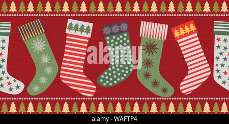 Funky calza di Natale design di confine in colori tradizionali. Vettore di Seamless pattern testurizzato su sfondo rosso. Ideale per prodotti di festosa, pacchetto regalo Illustrazione Vettoriale