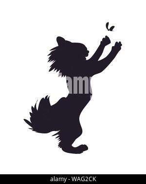 Illustrazione vettoriale di un gatto che dà la caccia per una farfalla, disegno silhouette, vettore, sfondo bianco Illustrazione Vettoriale