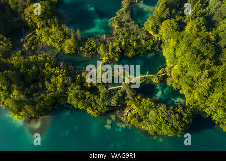Vista aerea del turchese delle sue acque dei laghi di Plitvice su una soleggiata giornata estiva. Il parco nazionale di Plitvice, Croazia. Foto Stock