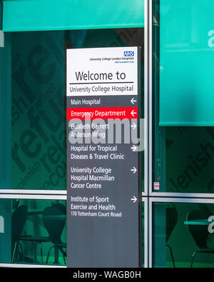 University College Hospital London Welcome Sign - UCH London. Cartello all'ingresso dell'University College Hospital Euston Road Central London Foto Stock