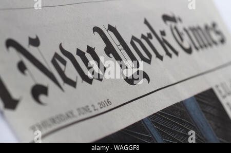 NEW YORK, Stati Uniti d'America - circa agosto 2019: New York Times segno della testata Foto Stock