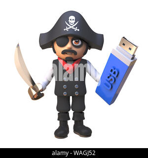 3d capitano pirata personaggio dei fumetti onde il suo cutlass e detiene un thumb drive USB memory stick, 3D render illustrazione Foto Stock