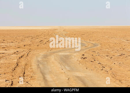 Tracce di pneumatici nel deserto vicino al villaggio di Khaluf, Oman Foto Stock