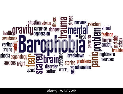 Barophobia paura di gravità parola concetto cloud su sfondo bianco. Foto Stock