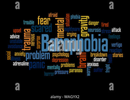 Barophobia paura di gravità parola concetto cloud su sfondo nero. Foto Stock