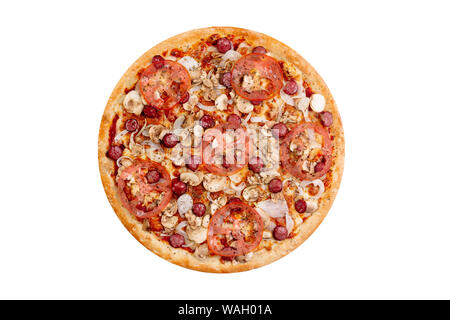 Pizza isolati su sfondo bianco.Hot fast food con formaggio, prosciutto e funghi. Immagine di cibo per la scheda del menu, web design, sito shop o consegna. Alta qu Foto Stock