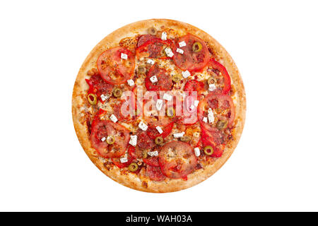 Pizza isolati su sfondo bianco.Hot fast food con formaggio, prosciutto e funghi. Immagine di cibo per la scheda del menu, web design, sito shop o consegna. Alta qu Foto Stock