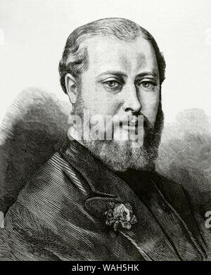 Edward VII (1841-1910). Re del Regno Unito di Gran Bretagna e Irlanda e dei domini britannici e imperatore dell'India dal 1901. Egli era il figlio maggiore della regina Victoria. Ritratto del principe Albert Edward, futuro Edoardo VII. Incisione. La Ilustracion Española y Americana, 22 aprile 1876. Foto Stock
