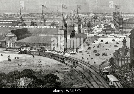 Unided membri. Esposizione universale a Philadelphia, 1876. Denominato ufficialmente la fiera internazionale delle arti, manufatti e prodotti del suolo e la miniera. Il Centennial mostra internazionale del 1876 si è tenuto a Philadelphia, Pennsylvania, dal 10 maggio al 10 novembre 1876, per celebrare il centesimo anniversario della firma della Dichiarazione di Indipendenza di Filadelfia. Esso è stato tenuto in Fairmount Park lungo il fiume Schuykill sulla fiera disegnato da Herman J. Schwarzmann. Vista panoramica. Primo piano, Pennsylvania Railroad Depot centenario. Incisione. La Ilustracion Española y Ame Foto Stock