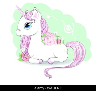 Magic unicorno bianco con una rosa criniera e una coda e gli occhi blu, bugie. Può essere utilizzato per t-shirt stampa, usura kids fashion design, baby doccia invito Illustrazione Vettoriale