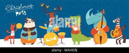 Festa di Natale poster del vettore con divertenti musicisti. Illustrazione Vettoriale