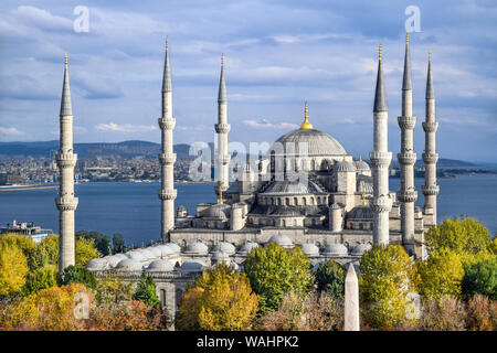 Ripresa aerea della Moschea Blu (Sultan Ahmed Moschea) circondato da alberi di Istambul Città Vecchia - Sultanahmet, Istanbul, Turchia [Autunno/ Autunno colori] Foto Stock