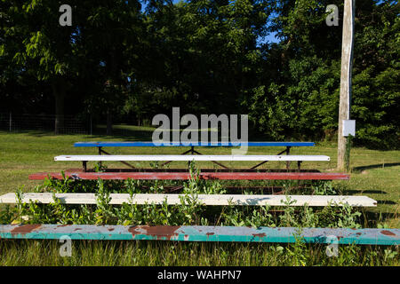 I bleachers surcresciuti abbandonati siedono vicino al treeline al Roanoke Park a Roanoke, Indiana, Stati Uniti. Foto Stock