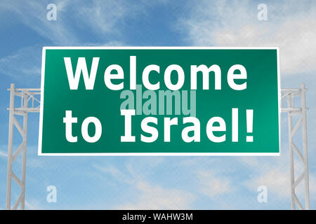 3D illustrazione di benvenuto a Israele script sul cartello stradale Foto Stock