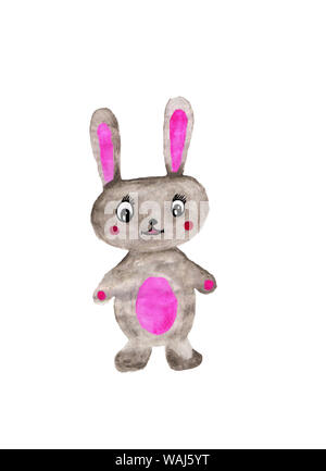 Grigio bunny peluche rosa con la pancia e le orecchie con le guance rosa bianca su sfondo ad acquerello Foto Stock