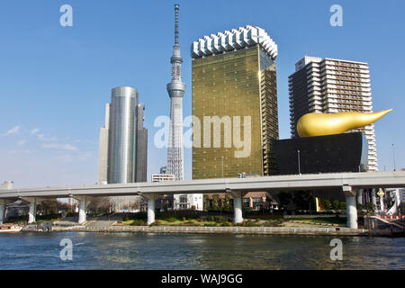 Giappone, Tokyo. Sumida vista di Tokyo Skytree torre di telecomunicazione, Asahi Beer sede, architetto Philippe Starck (nero corto edificio con golden scultura in alto) Foto Stock