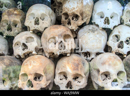 Phnom Penh Cambogia. Teschi di migliaia di cambogiani di coloro che sono stati uccisi e sepolti in tombe di massa durante il regno dei Khmer Rossi e Pol Pot. Foto Stock
