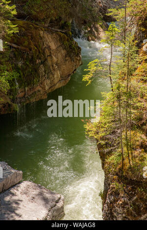 Jasper, Jasper National Park, Alberta, Canada. Il Fiume Maligne fluisce attraverso il fondo del Canyon Maligne. Foto Stock