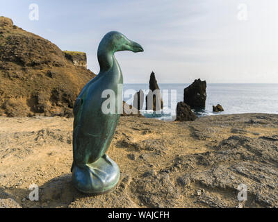 Monumento per il grande estinto auk (Pinguinus impennis), creato da Todd McGrain. Il paesaggio costiero a Reykjanesviti e Valahnukur sulla penisola di Reykjanes. Foto Stock