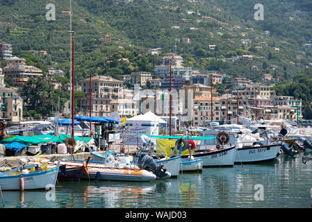 L'Italia, la provincia di Genova, Rapallo. Le barche nel porto e Hillside Foto Stock