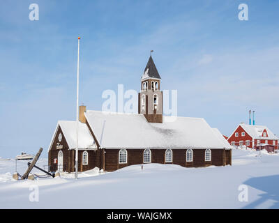 La Sion la Chiesa. Ilulissat Tourist Nature sulla riva della baia di Disko, centro per il turismo, amministrazione e economia. Il icebergs nelle vicinanze è elencato come patrimonio mondiale dell'UNESCO. La Groenlandia e la Danimarca. (Solo uso editoriale) Foto Stock