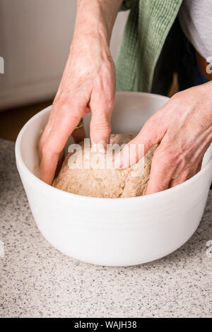 Donna girando la pasta di pane in un recipiente imburrato, per assicurare che la parte superiore e quella inferiore sono leggermente rivestita con burro, in preparazione per la produzione di grano germogliato pane. (MR) Foto Stock