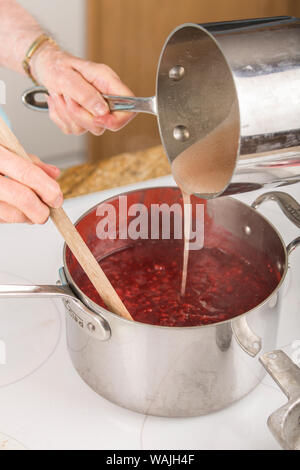 Donna versando di pectina di frutta e di acqua nella miscela di lamponi come una parte di confettura di lamponi. (MR,PR) Foto Stock