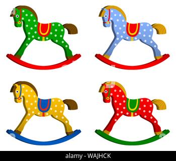 set di cavalli dondolanti. giocattolo per bambini. altalena classica in legno. illustrazioni vettoriali Illustrazione Vettoriale